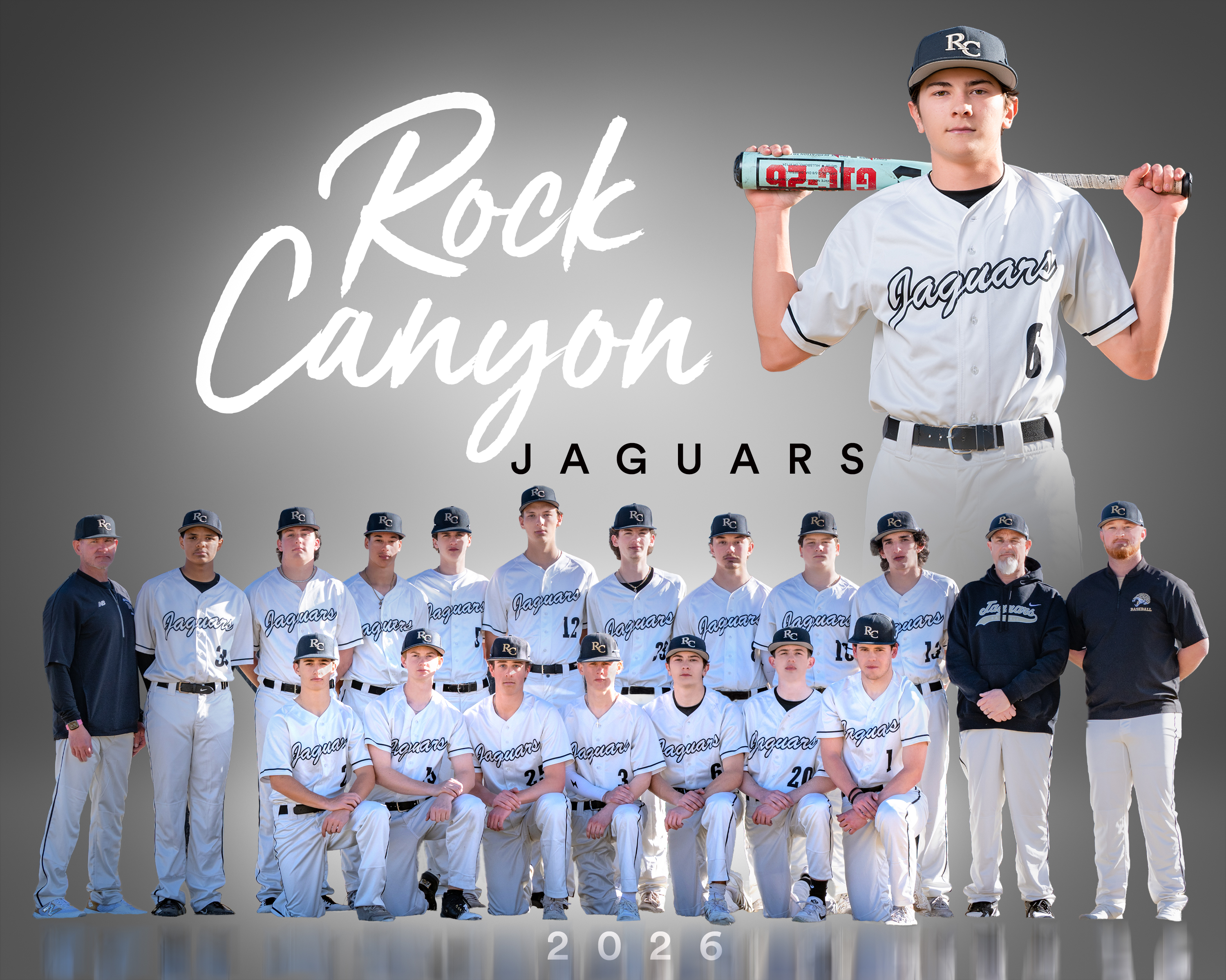 Baseball team portrait graphic with players and coach